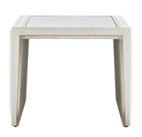 Cascade End Table shown with:Ensemble&nbsp;finish with&nbsp;Cashmere&nbsp;Silver&nbsp;finish trimClear Mirror topChanneled upholstery