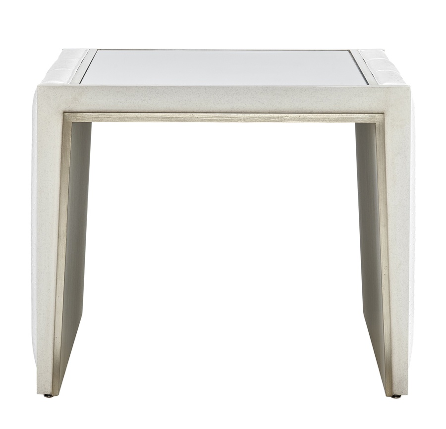 Cascade End Table shown with:Ebony&nbsp;finish with Aged&nbsp;Silver&nbsp;finish trimClear Mirror topBox Quilted&nbsp;upholstery