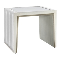 Cascade End Table shown with:Ensemble&nbsp;finish with&nbsp;Cashmere&nbsp;Silver&nbsp;finish trimClear Mirror topChanneled upholstery