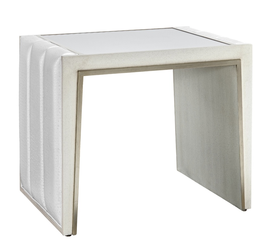 Cascade End Table shown with:Ebony&nbsp;finish with Aged&nbsp;Silver&nbsp;finish trimClear Mirror topBox Quilted&nbsp;upholstery