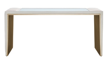 Cascade Console shown with:Ensemble&nbsp;finish with&nbsp;Cashmere Gold&nbsp;finish trimCashmere&nbsp;Gold&nbsp;inside leg finishClear&nbsp;Mirror topChanneled&nbsp;upholstery