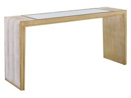Cascade Console shown with:Medici&nbsp;finishClear Mirror topChanneled upholstery