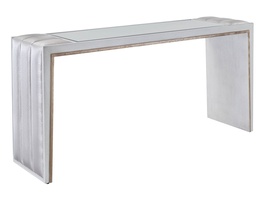 Cascade Console shown with:Ensemble&nbsp;finish with Aged Silver finish trimClear Mirror topChanneled upholstery