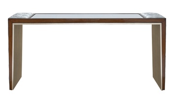 Cascade Console shown with:Contemporary Briar&nbsp;finish with&nbsp;Aged&nbsp;Medici&nbsp;finish trimCashmere Silver inside leg finishAntique Mirror topDiamond Tufted&nbsp;upholstery