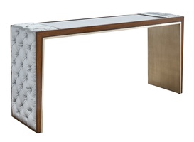 Cascade Console shown with:Contemporary Briar&nbsp;finish with&nbsp;Aged&nbsp;Medici&nbsp;finish trimCashmere Silver inside leg finishAntique Mirror topDiamond Tufted&nbsp;upholstery