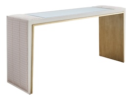 Cascade Console shown with:Ensemble&nbsp;finish with&nbsp;Cashmere Gold&nbsp;finish trimCashmere&nbsp;Gold inside leg finishClear&nbsp;Mirror topChanneled&nbsp;upholstery