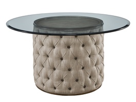 Cascade Dining Table shown with:Latte finish with Aged Medici finish trimDiamond Tufted upholstery60" Diameter glass top