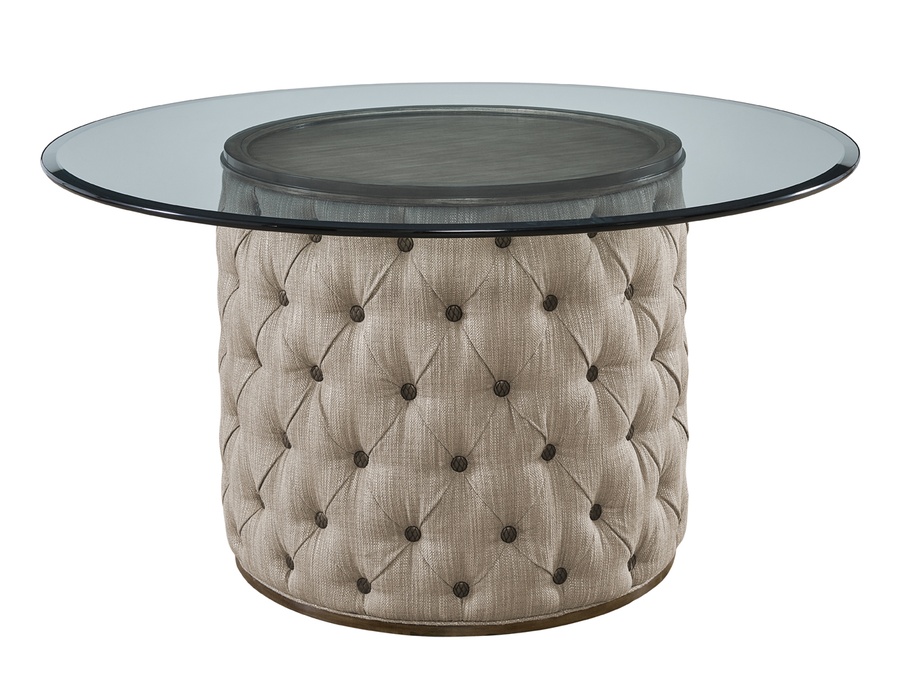Cascade Dining Table shown with:Latte finish with Aged Medici finish trimDiamond Tufted upholstery60" Diameter glass top