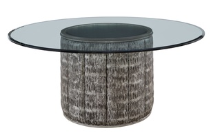 Cascade Dining Table shown with:Slate&nbsp;finish with Aged&nbsp;Silver finish trimChanneled&nbsp;upholstery72" Diameter glass top