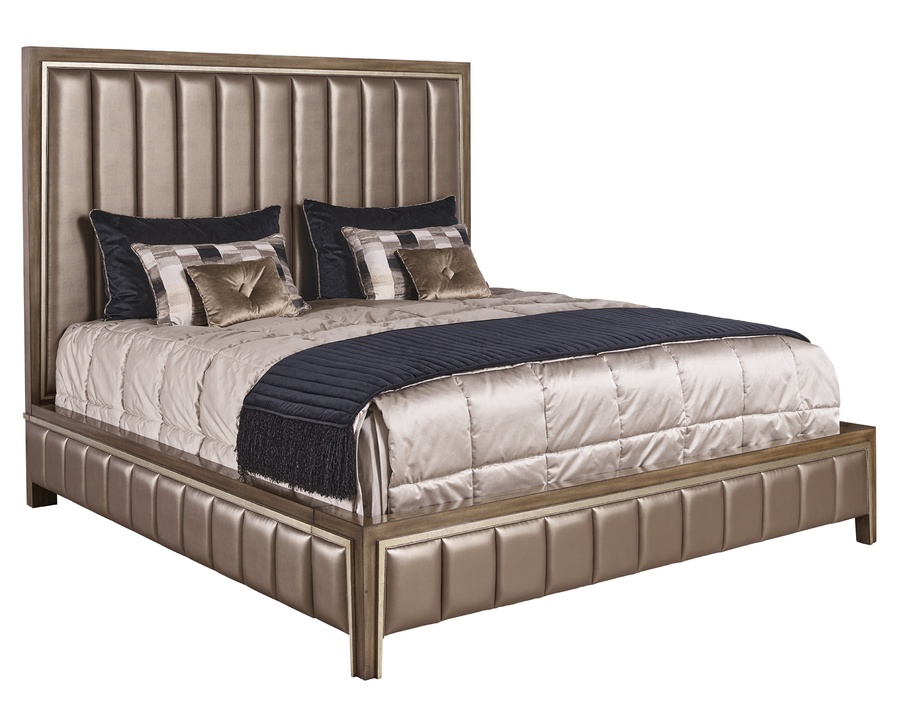 Cascade&nbsp;Bed shown with:Channeled upholstered headboardLatte finishVerona Silver&nbsp;Leaf finish trim