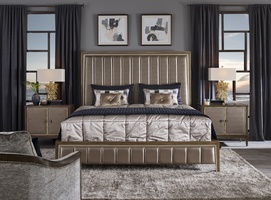 Cascade&nbsp;Bed shown with:Channeled upholstered headboardLatte finishVerona Silver&nbsp;Leaf finish trim