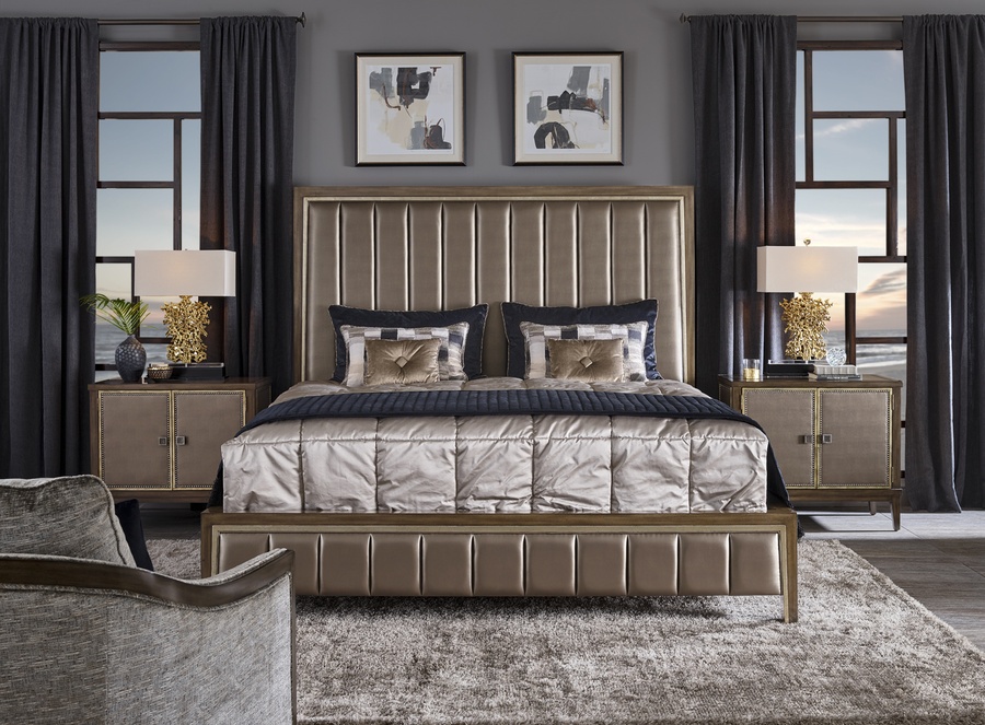 Cascade&nbsp;Bed shown with:Channeled upholstered headboardLatte finishVerona Silver&nbsp;Leaf finish trim