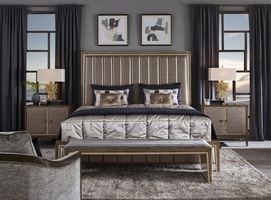Cascade&nbsp;Bed shown with:Channeled upholstered headboardLatte finishVerona Silver&nbsp;Leaf finish trim