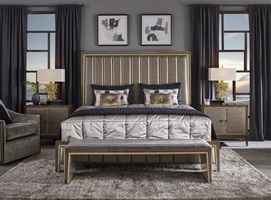 Cascade Bench&nbsp;shown with:Channeled upholsteredLatte finish with&nbsp;Verona Silver&nbsp;Leaf finish trimVerona Silver finish on Inside Leg