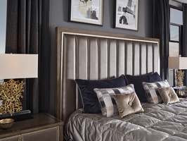 Cascade&nbsp;Bed shown with:Channeled upholstered headboardLatte finishVerona Silver&nbsp;Leaf finish trim