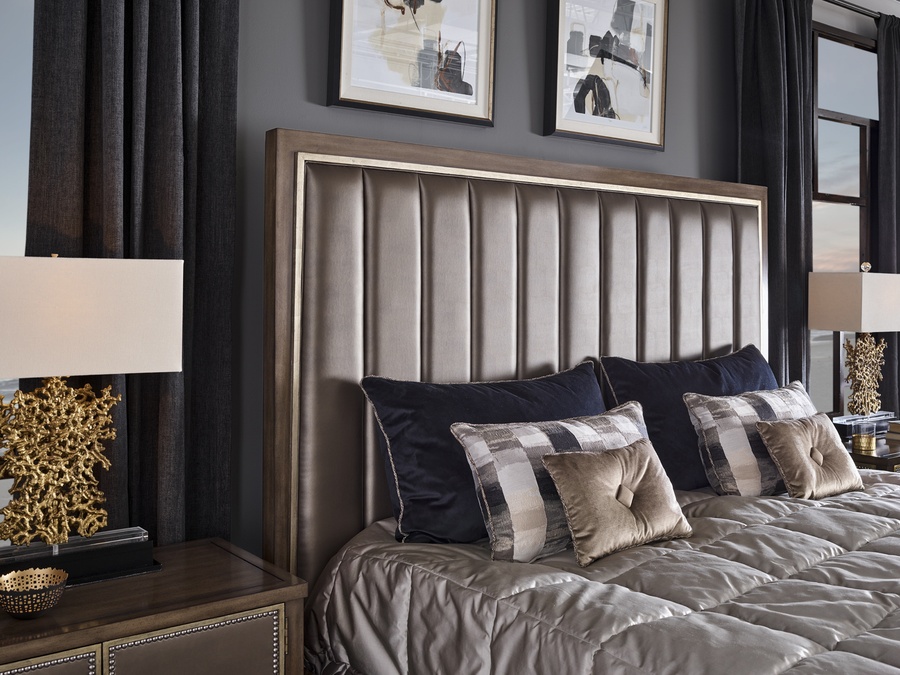 Cascade&nbsp;Bed shown with:Channeled upholstered headboardLatte finishVerona Silver&nbsp;Leaf finish trim