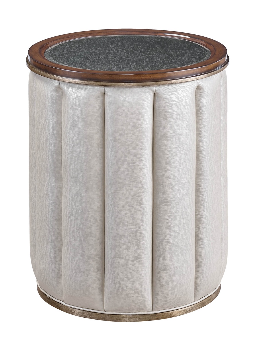 Cascade&nbsp;Chairside Table shown with:Contemporary Briar&nbsp;finish with Aged Silver finish trimAntique&nbsp;Mirror topChanneled upholstery