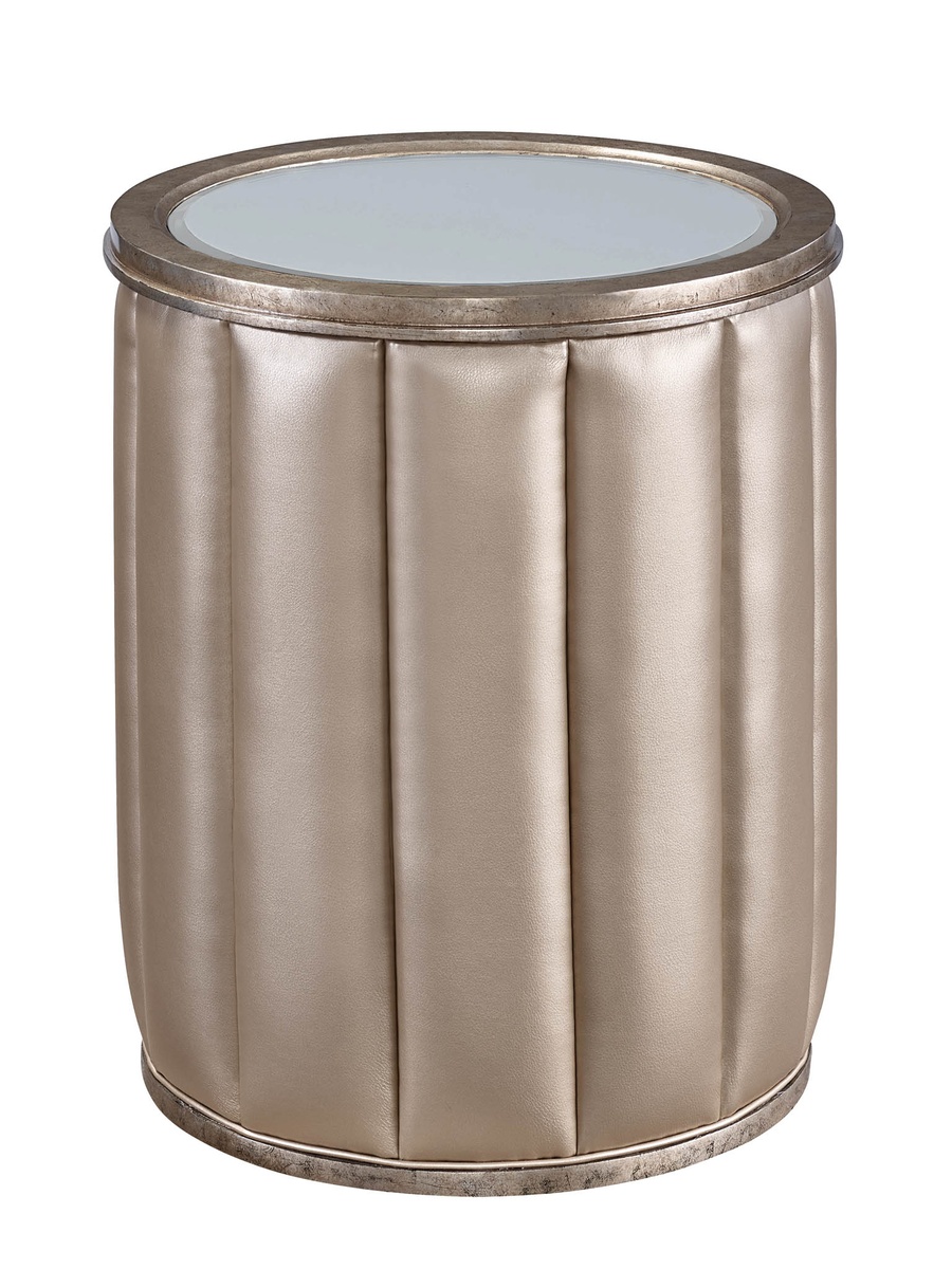 Cascade&nbsp;Chairside Table shown with:Contemporary Briar&nbsp;finish with Aged Silver finish trimAntique&nbsp;Mirror topChanneled upholstery