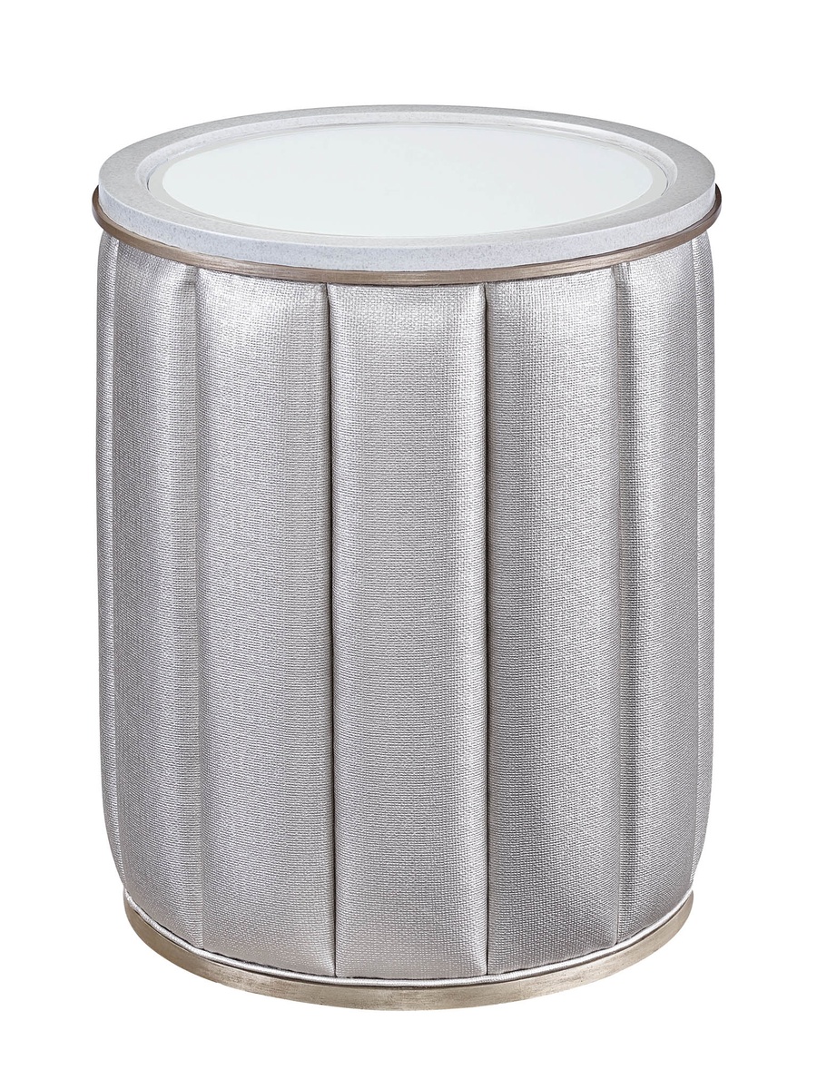 Cascade&nbsp;Chairside Table shown with:Contemporary Briar&nbsp;finish with Aged Silver finish trimAntique&nbsp;Mirror topChanneled upholstery