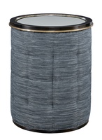 Cascade&nbsp;Chairside Table shown with:Ebony&nbsp;finish with Aged Silver finish trimClear&nbsp;Mirror topBox Quilted&nbsp;upholstery