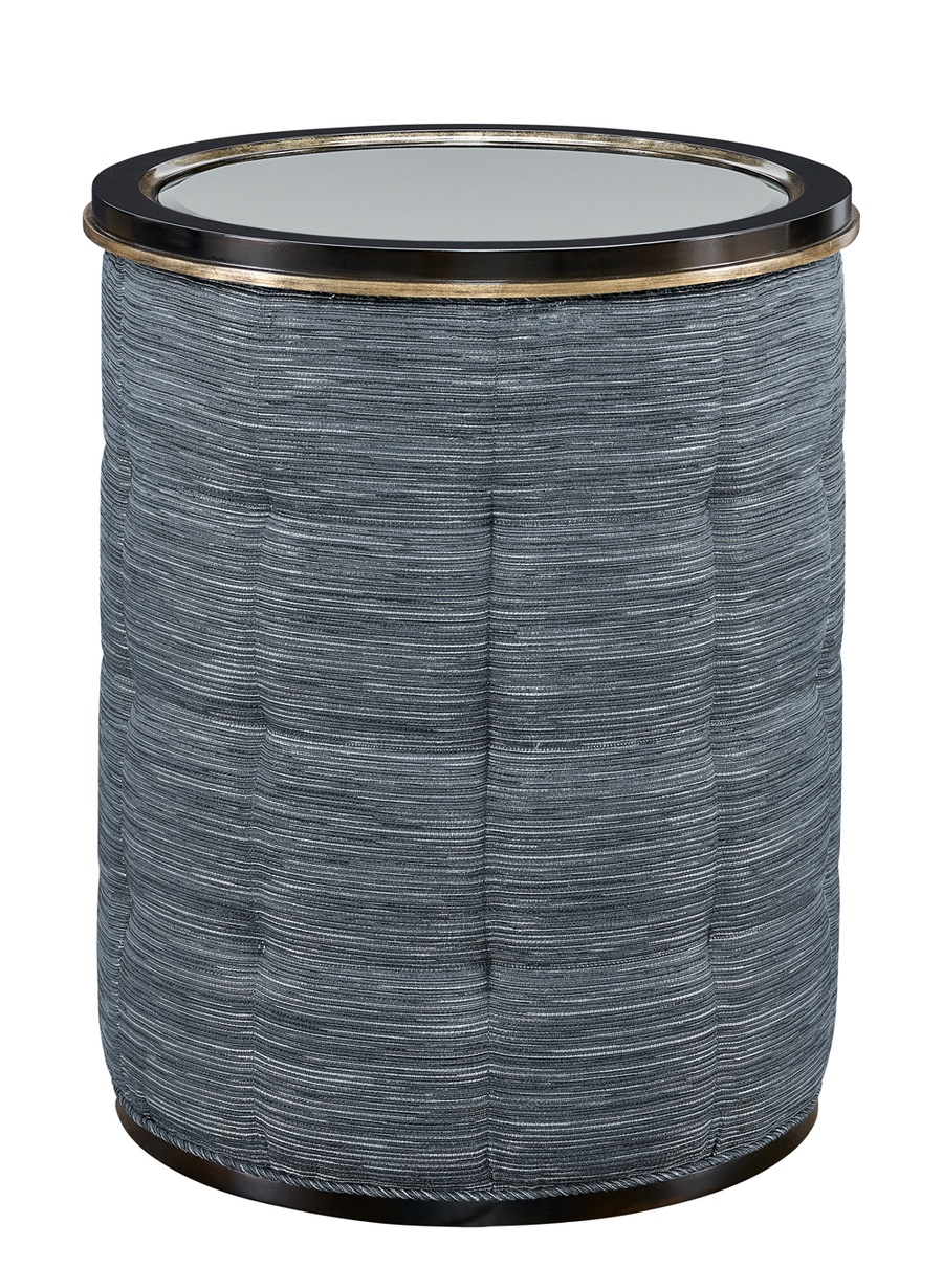Cascade&nbsp;Chairside Table shown with:Contemporary Briar&nbsp;finish with Aged Silver finish trimAntique&nbsp;Mirror topChanneled upholstery