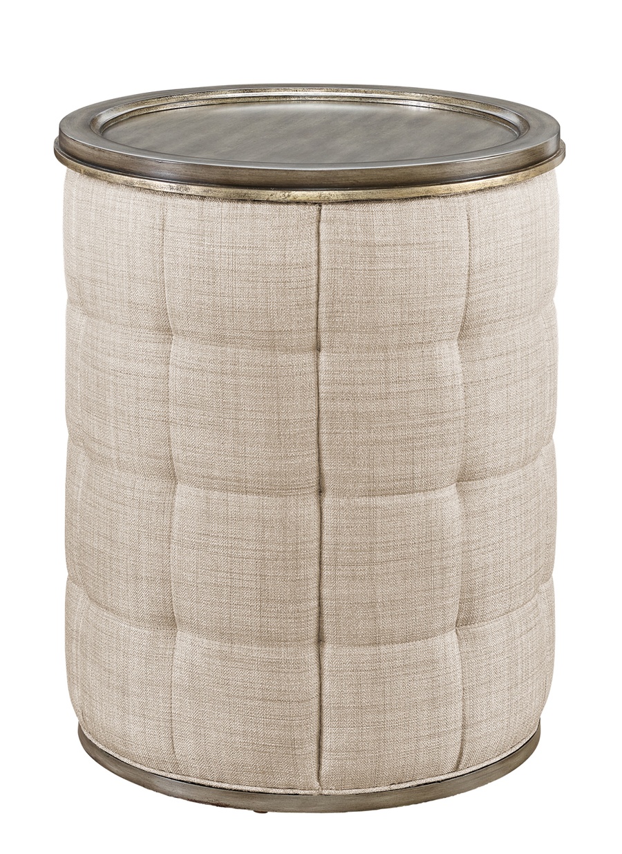 Cascade&nbsp;Chairside Table shown with:Contemporary Briar&nbsp;finish with Aged Silver finish trimAntique&nbsp;Mirror topChanneled upholstery