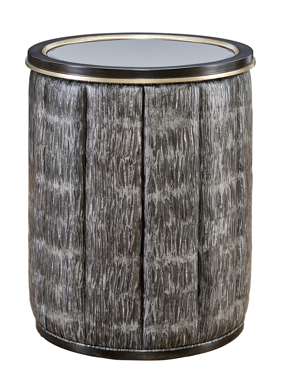 Cascade&nbsp;Chairside Table shown with:Contemporary Briar&nbsp;finish with Aged Silver finish trimAntique&nbsp;Mirror topChanneled upholstery