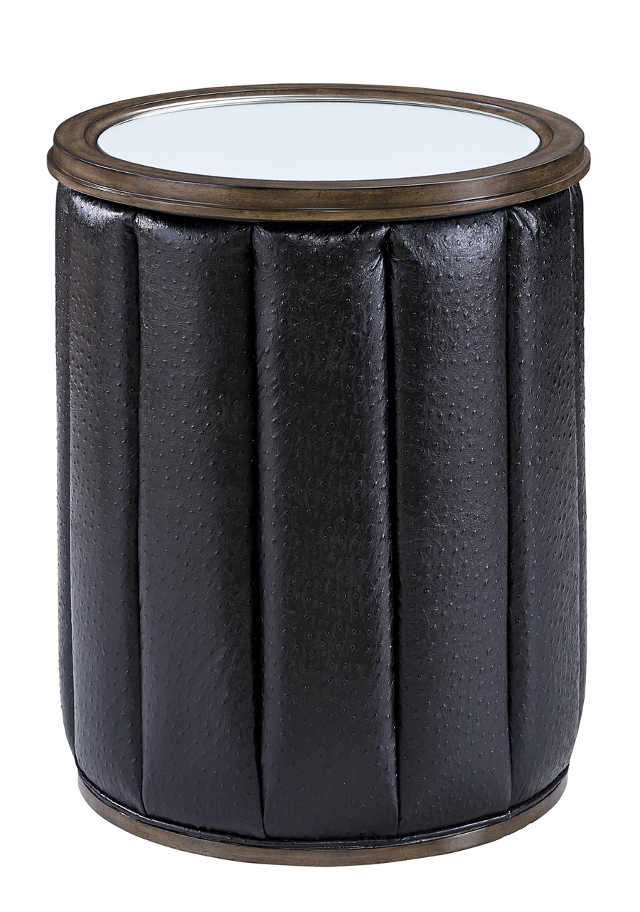 Cascade&nbsp;Chairside Table shown with:Contemporary Briar&nbsp;finish with Aged Silver finish trimAntique&nbsp;Mirror topChanneled upholstery