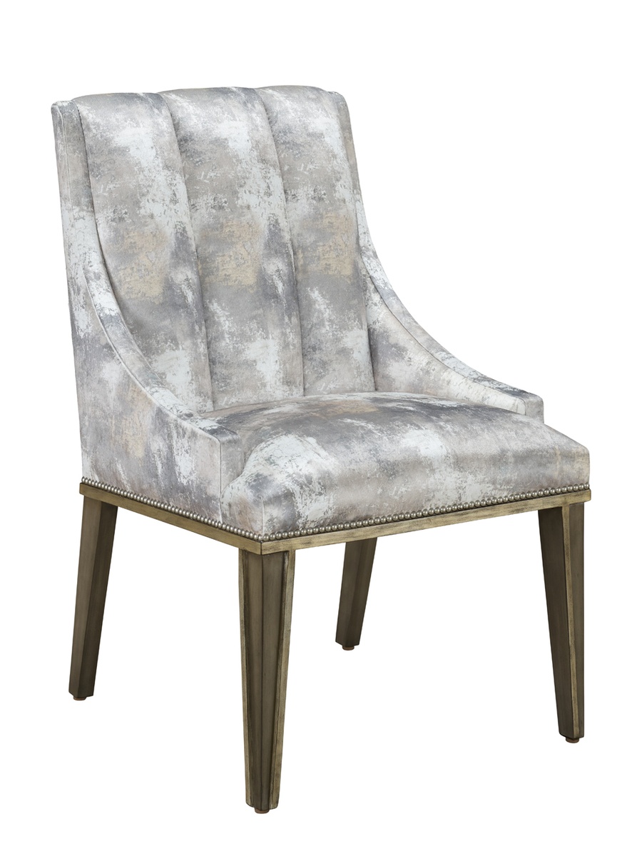 Cascade Side&nbsp;Chair shown with:Slate&nbsp;finish with Aged Silver finish trimPewter nailhead frame trimChanneled&nbsp;upholstery