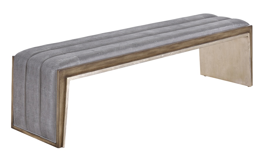 Cascade Bench&nbsp;shown with:Channeled upholsteredLatte finish with&nbsp;Verona Silver&nbsp;Leaf finish trimVerona Silver finish on Inside Leg