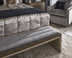 Cascade Bench&nbsp;shown with:Channeled upholsteredLatte finish with&nbsp;Verona Silver&nbsp;Leaf finish trimVerona Silver finish on Inside Leg
