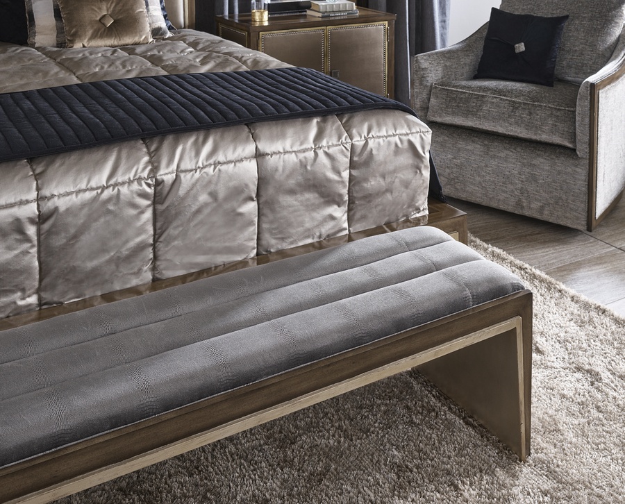 Cascade Bench&nbsp;shown with:Channeled upholsteredLatte finish with&nbsp;Verona Silver&nbsp;Leaf finish trimVerona Silver finish on Inside Leg