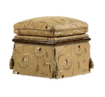 Caspian Ottoman&nbsp;shown with:Semi-attached seat cushionDeep skirtAccessory tassel tiesOld World Briar finishAged Gold Leaf finish trimSilver nailhead frame trim