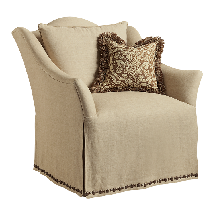 Courtney Chair shown with:Tight seatWaterfall skirt with built-in sides and backDecorative Mottled nailhead skirt detail
