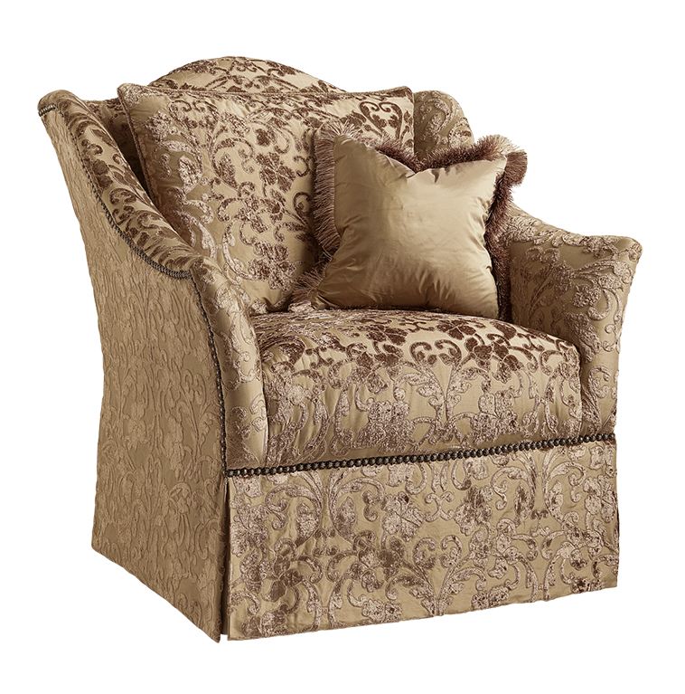 Courtney Chair shown with:Tight seatWaterfall skirt with built-in sides and backDecorative Mottled nailhead skirt detail