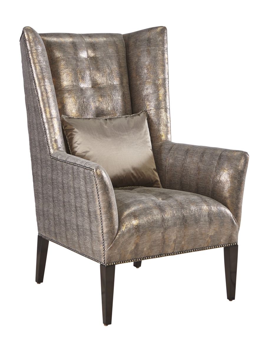 Emerson Chair&nbsp;shown with: Tight box quilted seat, arms, and inside backBombay finishAntique Brass nailhead frame trim