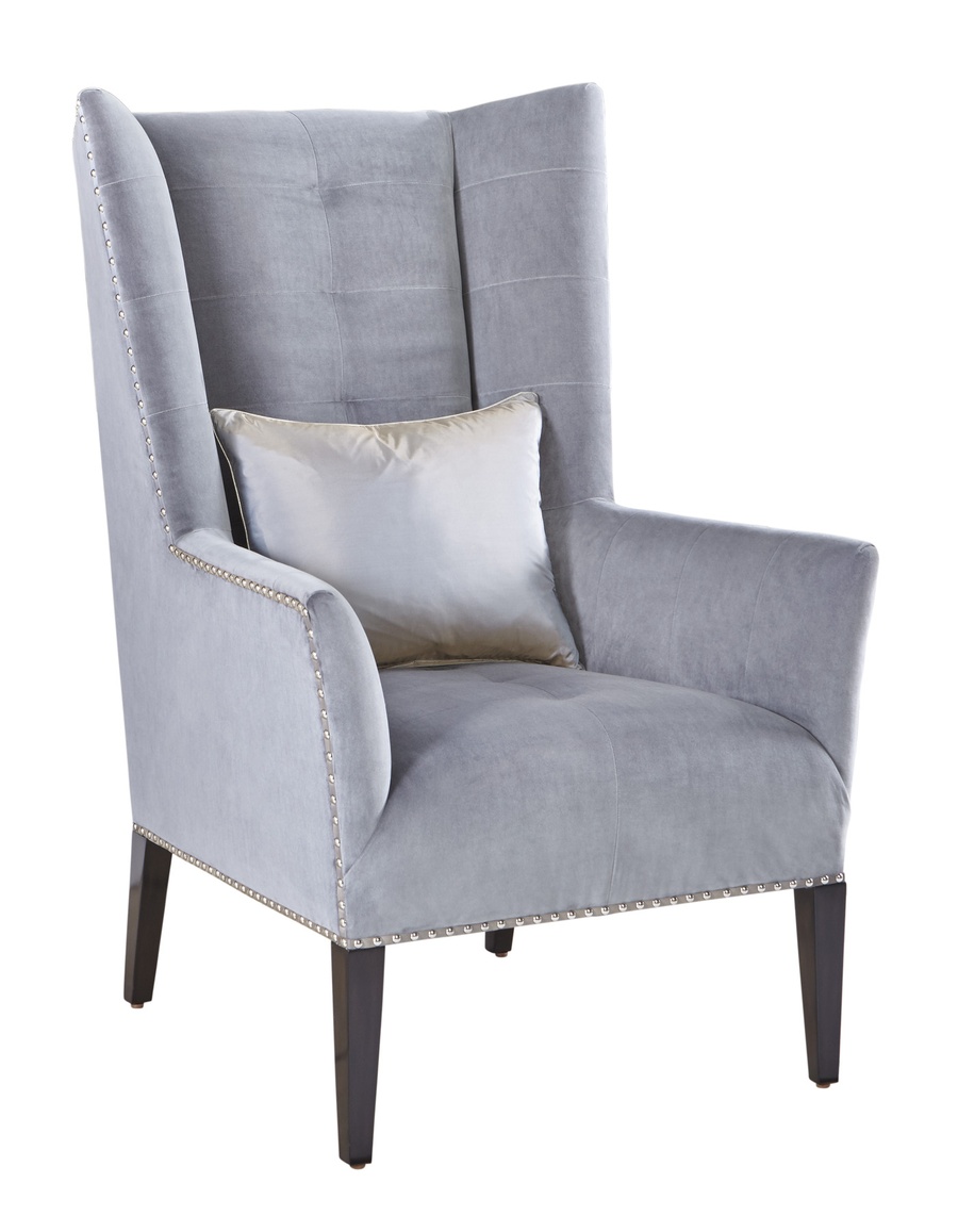 Emerson Chair&nbsp;shown with: Tight box quilted seat, arms, and inside backBombay finishAntique Brass nailhead frame trim