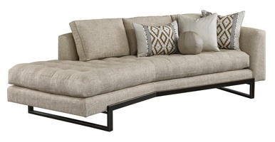 Flynn Sofa shown with: Boxed bench seat with quilted button detailBuilt-to-the-floor with metal base in Bronzed Brass finish
