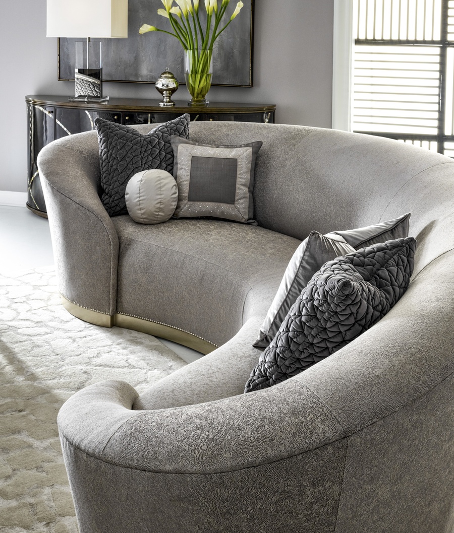 Giselle&nbsp;Sofa shown with:Tight&nbsp;seatCashmere Silver finish&nbsp;on Plinth baseGlitterati&nbsp;nailhead frame trim
