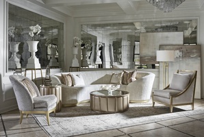 Cascade&nbsp;Chairside Table&nbsp;shown with:Burnished&nbsp;Silver finishClear&nbsp;Mirror topChanneled upholstery