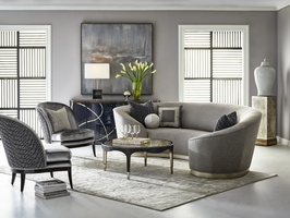 Giselle&nbsp;Sofa shown with:Tight&nbsp;seatCashmere Silver finish&nbsp;on Plinth baseGlitterati&nbsp;nailhead frame trim