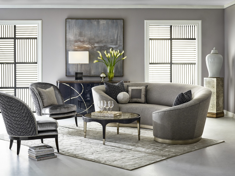 Giselle&nbsp;Sofa shown with:Tight&nbsp;seatCashmere Silver finish&nbsp;on Plinth baseGlitterati&nbsp;nailhead frame trim