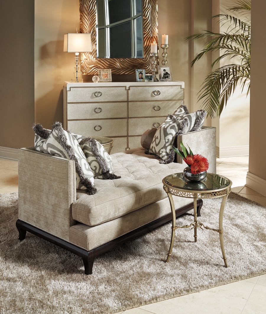 Gemini Tête-à-Tête shown with: Boxed bench seat with quilted buttoned detail Bombay finish Silver nailhead frame trim