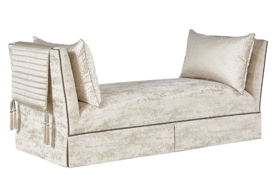 Geneva Bench&nbsp;shown with: Tight seatDeep skirt with built-in endsGunmetal nailhead frame trim