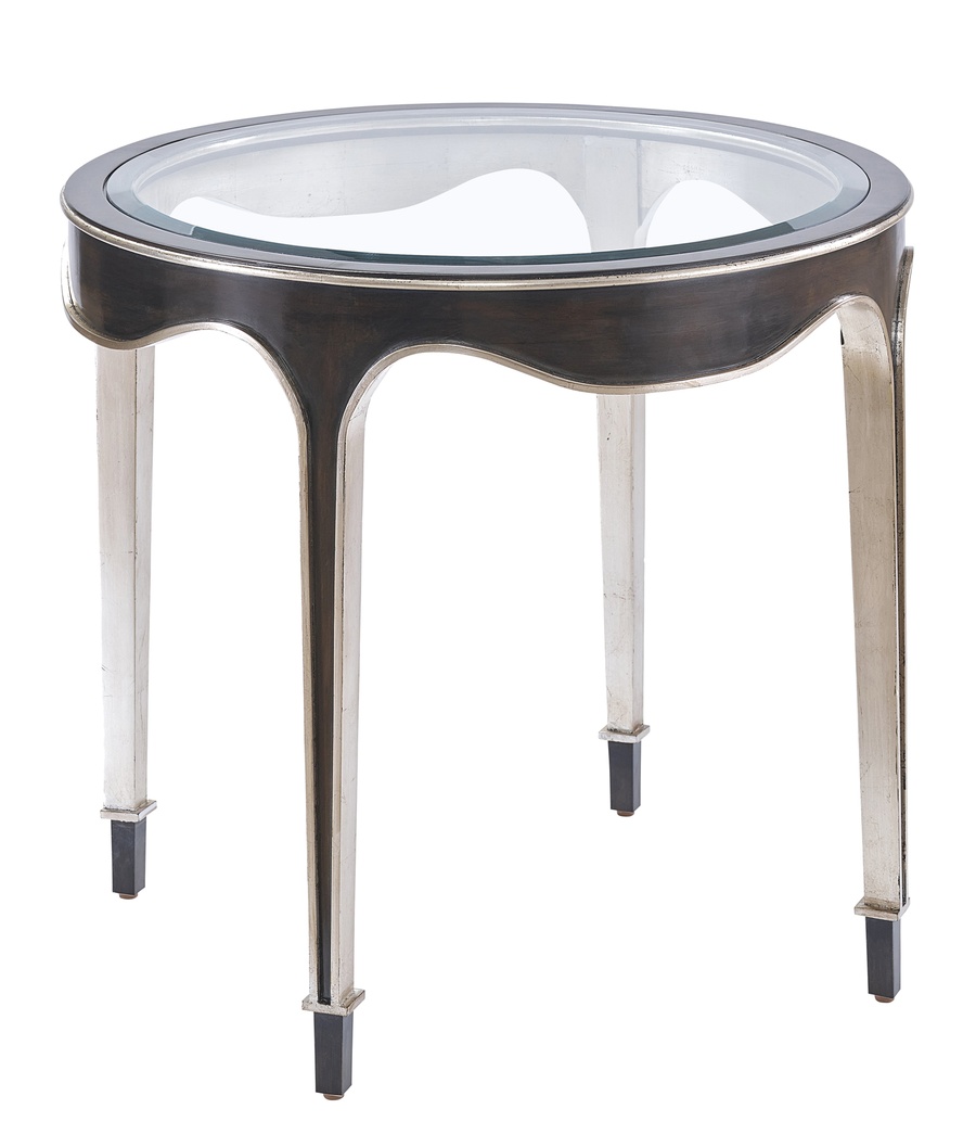 Giverny&nbsp;End&nbsp;Table&nbsp;shown with:Twilight&nbsp;finish with&nbsp;Cashmere&nbsp;Silver&nbsp;finish trimCashmere Silver finish on Inside LegInset Clear Top with Beveled Glass&nbsp;Edge