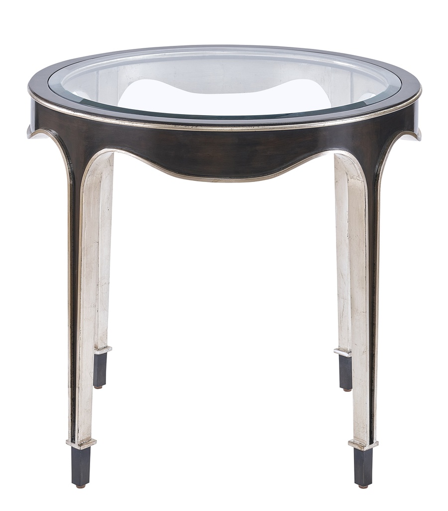 Giverny&nbsp;End&nbsp;Table&nbsp;shown with:Twilight&nbsp;finish with&nbsp;Cashmere&nbsp;Silver&nbsp;finish trimCashmere Silver finish on Inside LegInset Clear Top with Beveled Glass&nbsp;Edge