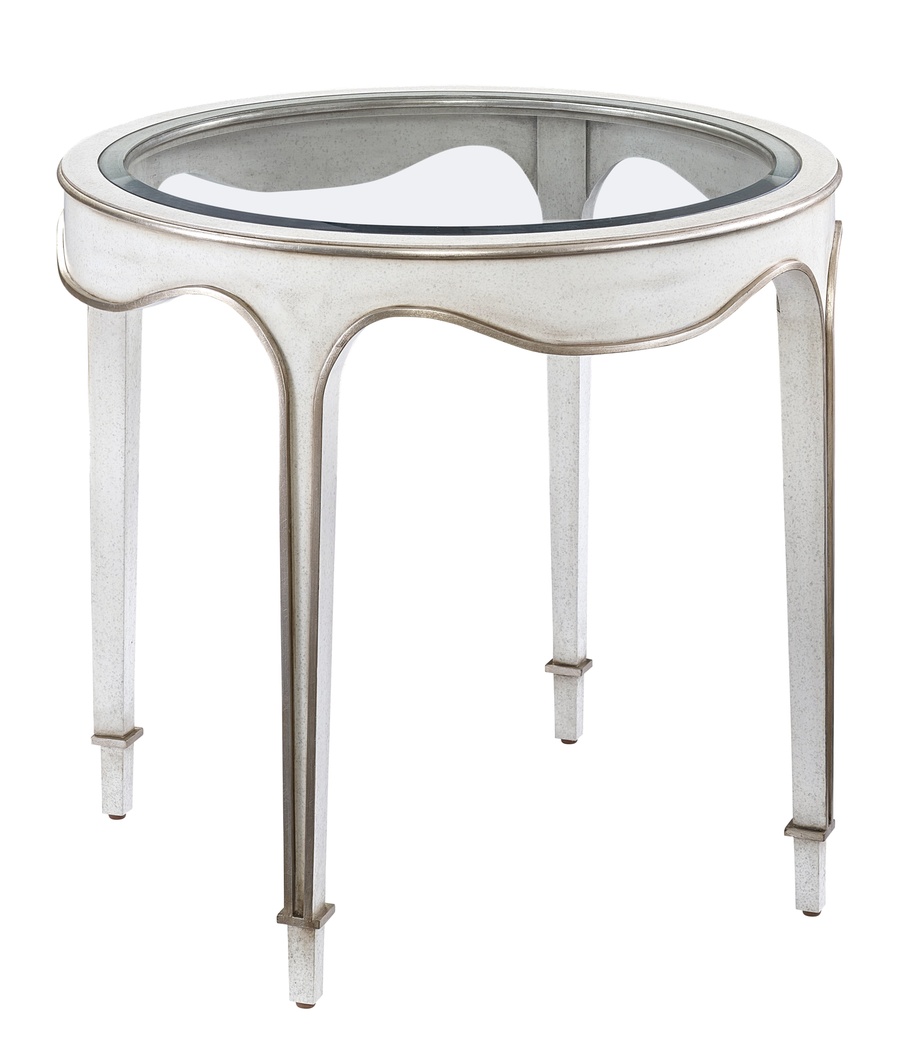 Giverny&nbsp;End&nbsp;Table&nbsp;shown with:Twilight&nbsp;finish with&nbsp;Cashmere&nbsp;Silver&nbsp;finish trimCashmere Silver finish on Inside LegInset Clear Top with Beveled Glass&nbsp;Edge