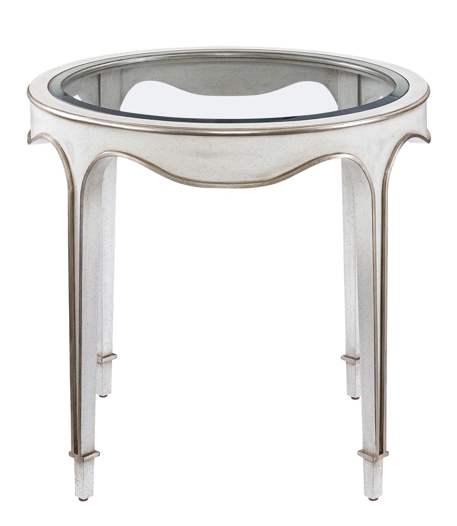 Giverny&nbsp;End&nbsp;Table&nbsp;shown with:Twilight&nbsp;finish with&nbsp;Cashmere&nbsp;Silver&nbsp;finish trimCashmere Silver finish on Inside LegInset Clear Top with Beveled Glass&nbsp;Edge