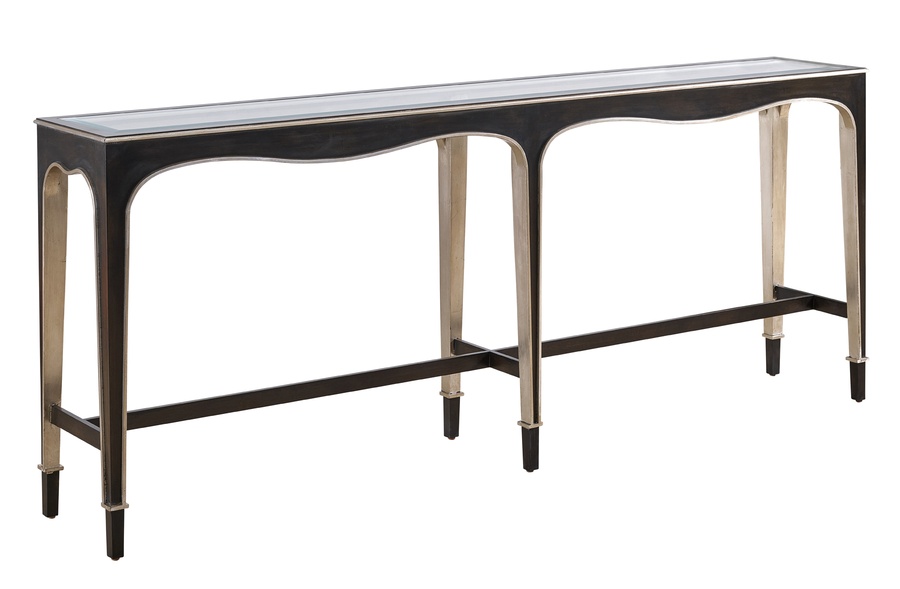 Giverny Console&nbsp;shown with:Twilight&nbsp;finish with&nbsp;Cashmere&nbsp;Silver&nbsp;finish trimCashmere Silver finish on Inside LegInset Clear Top with Beveled Glass&nbsp;Edge