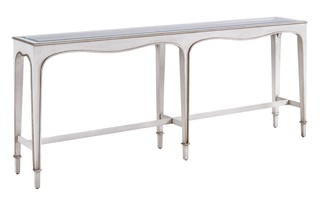 Giverny Console&nbsp;shown with:Ensemble&nbsp;finish with&nbsp;Cashmere&nbsp;Silver&nbsp;finish trimInset Clear Top with Beveled Glass&nbsp;Edge